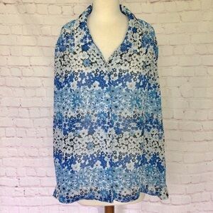 Blair Blue and White Floral Long Sleeve Button Down Sheer Top - Size Large